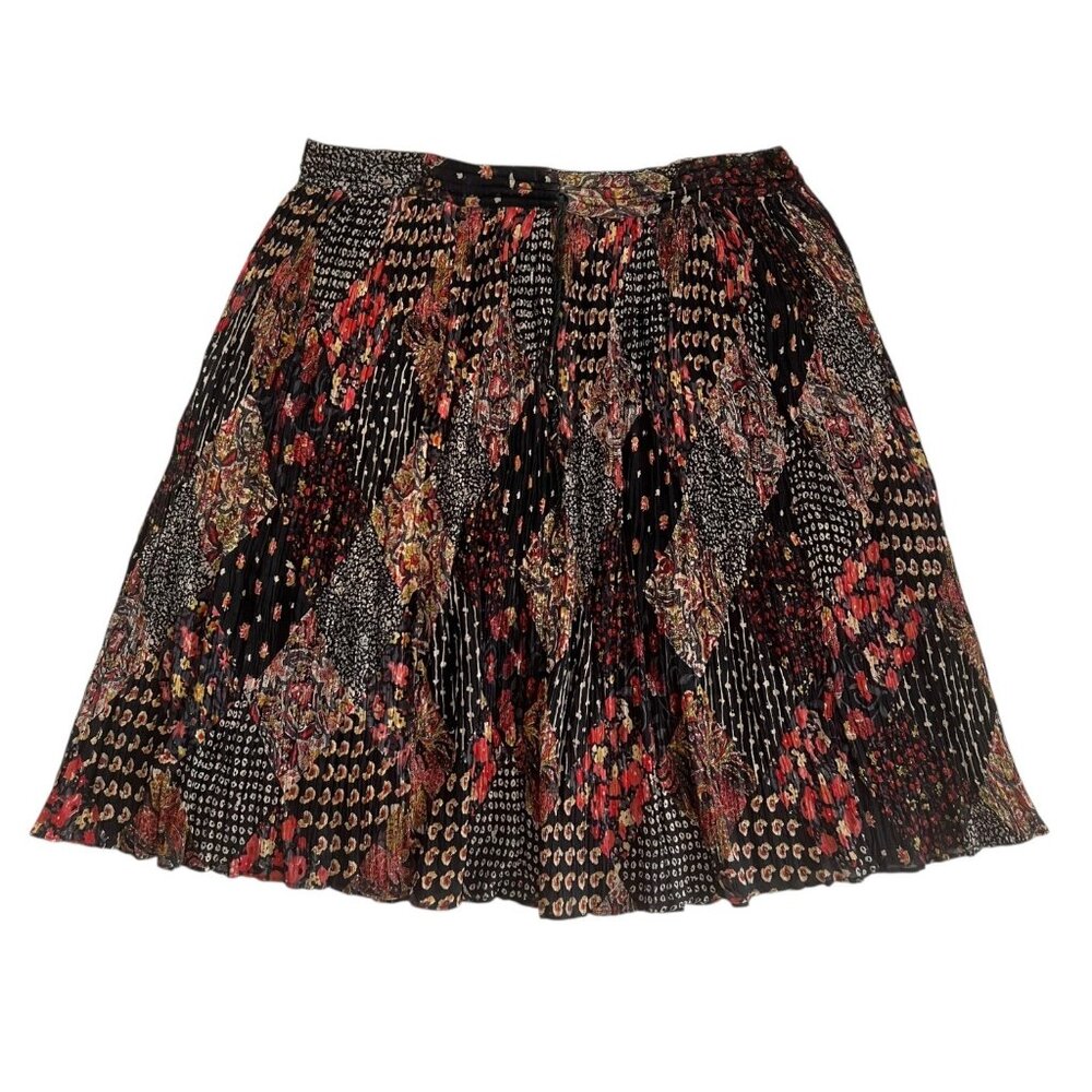 Vintage Boho Floral Patchwork Print‎ Pleated Skirt Black Drawstring Hippie